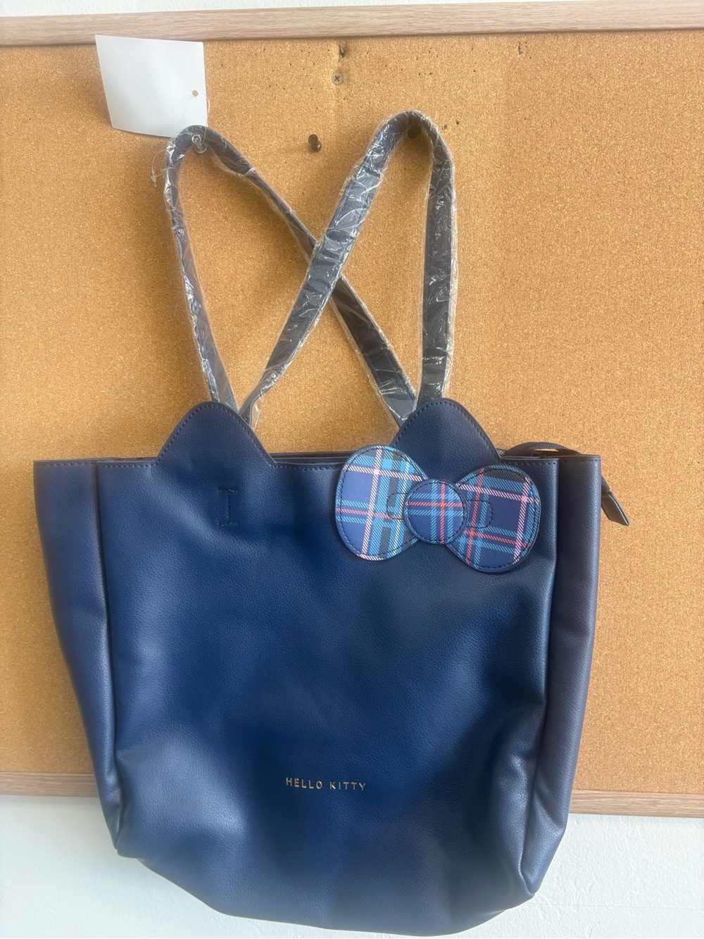 Hello Kitty Navy Faux Leather Tote with Plaid Bow Accent